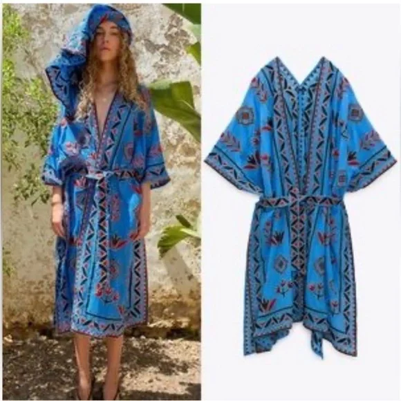 Zara Blue Floral Embroidered Kimono Kaftan - Picture 2 of 9
